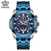 Luxueus Shockbestendig horloge | Blauw en Rosékleurig | SMAEL 9090A33 | Waterdicht | Stopwatch | Analoog |  | Shock bestendig | Leger | Timer | Master | Luxe maar betaalbaar