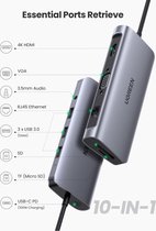 UGREEN 10in1 Adapter USB-C to HDMI 4K, 3x USB 3.0, Type-C, RJ45, SD, Micro SD, AUX (grey)