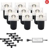 (Complete set) - 9 x LED grondspot Meda IP67 - 5 watt - 24v - Warmwit licht - & - 8 x Kabelverbinder T waterdicht - 24 v - & - 1 x LED Hamulight transformator 100w - 24v | Tuinverlichting | B