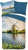 1-persoons dekbedovertrek (dekbed hoes) “windmolen” blauw met molens aan het water (rivier) in een typisch Nederlands landschap (natuur fotoprint) KATOEN 140 x 220 cm (cadeau idee!)