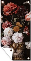 Wanddecoratie buiten Kat - Bloemen - Kunst - 80x160 cm - Tuindoek - Buitenposter