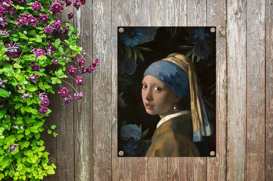 Décoration de Jardin Fille à la perle - Vermeer - Fleurs - Blauw - 30x40 cm - Toile de jardin - Affiche extérieure
