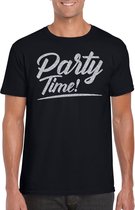 Party time t-shirt zwart met zilveren glitter tekst heren - Glitter en Glamour zilver party kleding shirt S