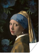 Poster Meisje met de parel - Vermeer - Bloemen - Blauw - 60x80 cm