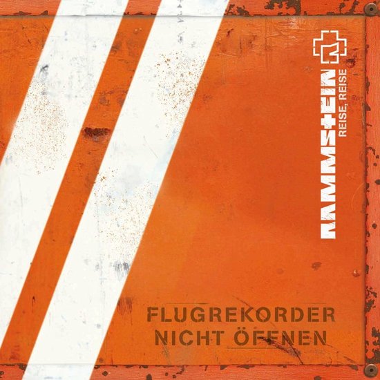 Gele hoes met witte strepen en roestige randen. Rammstein logo met "REISE, REISE FLUGREKORDER NICHT ÖFFENEN" tekst.