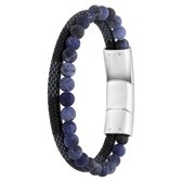 Lucardi Heren Armband leer en steen blauw - Leer - Armband - Cadeau - 22 cm - Zilverkleurig
