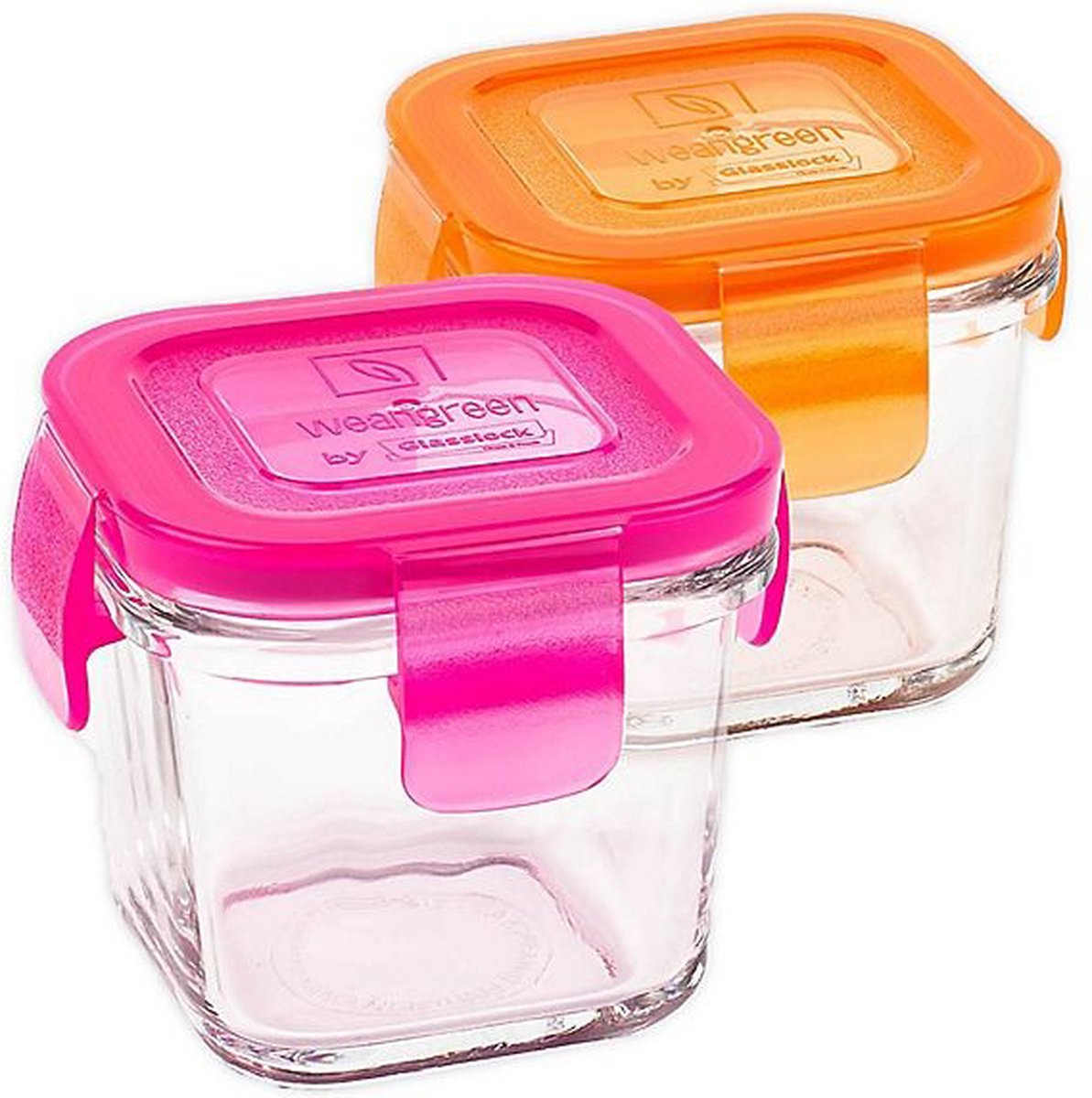 Wean Green - Wean cubes 120ml vierkante vershoudbakjes van gehard glas (2 stuks) - Roze & Oranje