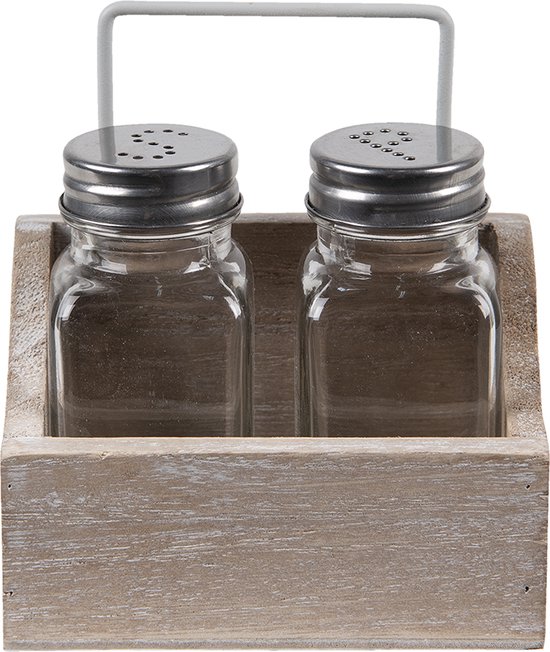 Foto: Clayre eef peper en zoutstel set van 2 11x6x12 cm bruin hout zout en peper