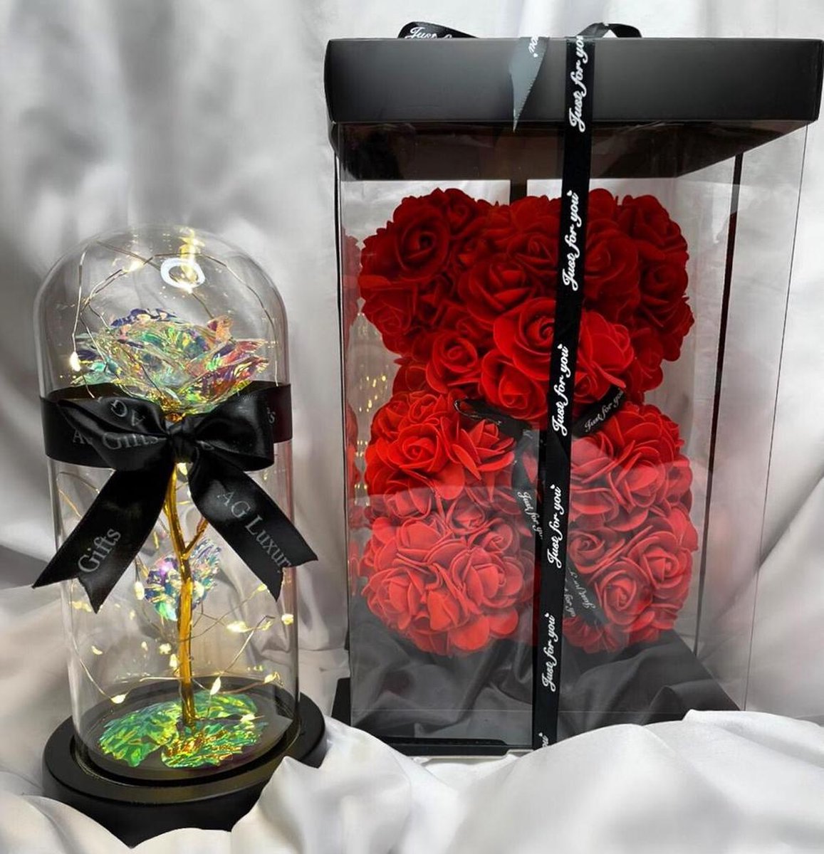 AG Luxurygifts rozen beer - galaxy rose - luxe - cadeau - liefde - Led lampjes - beer 25 cm - galaxy 22 cm