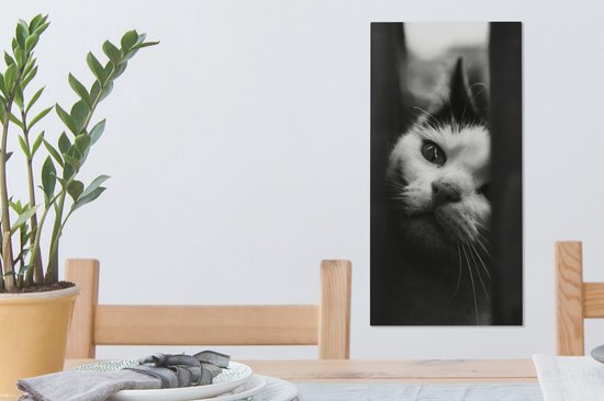 Tableau sur toile représentant un chat noir et blanc de profil - 20 x 40 cm - Décoration murale