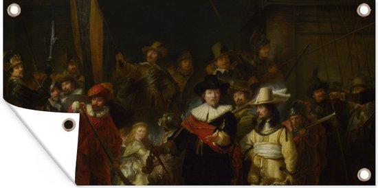 Tuinposter De Nachtwacht - Schilderij van Rembrandt van Rijn - 60x30 cm - Tuindoek - Buitenposter