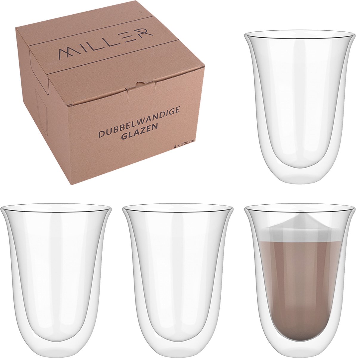 Miller Dubbelwandige Koffieglazen - Set van 4 Dubbelwandige Theeglazen - 300 ML