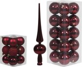 Kerstversiering/kerstboom set mat/glans mix kerstballen met piek in kleur donkerrood 6 en 8 cm diameter - 56x stuks kerstballen