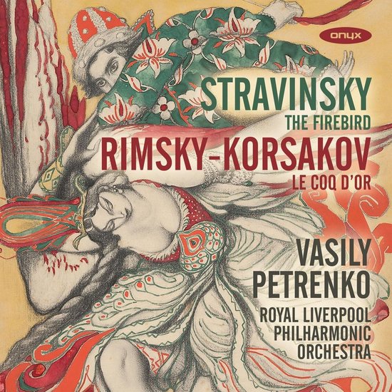 CD-hoes met een illustratie van twee figuren in kleurrijke, gedetailleerde kledij, met tekst voor Stravinsky's 'The Firebird' en Rimsky-Korsakovs 'Le Coq d'or'.