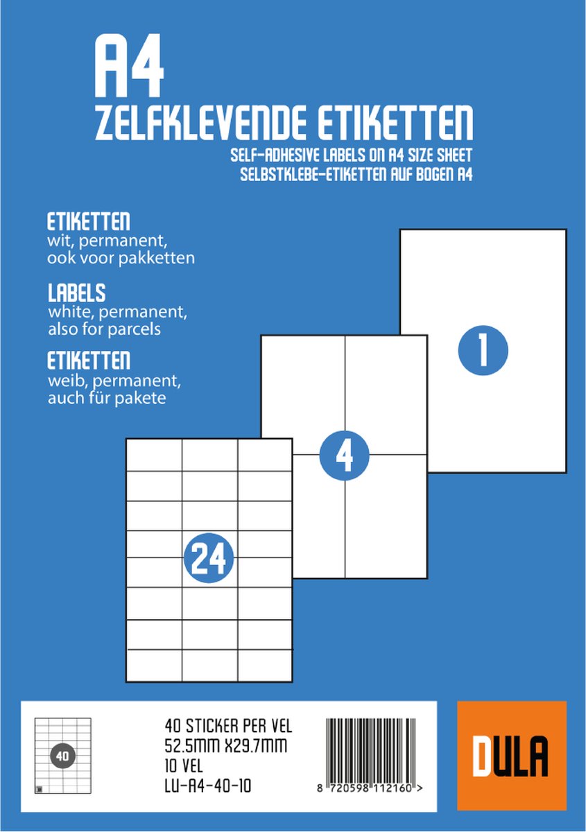 DULA Etiketten - Stickervellen A4 - 40 stickers per vel - 52,5 x 29,7 mm - 10 vel — afbeelding 3