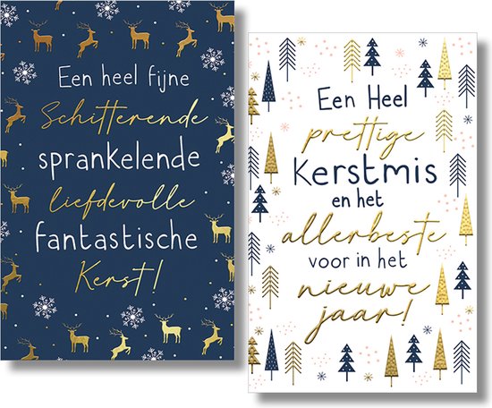 Twee kerstkaarten: een blauwe met gouden rendieren en een witte met kerstbomen in goud en blauw met kerstteksten.