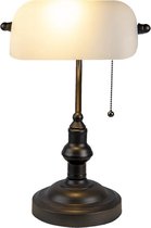 Bureaulamp Bankierslamp Ø 27*40 cm E27/max 1*60W Wit, Bruin Metaal, Glas Rechthoek Tafellamp