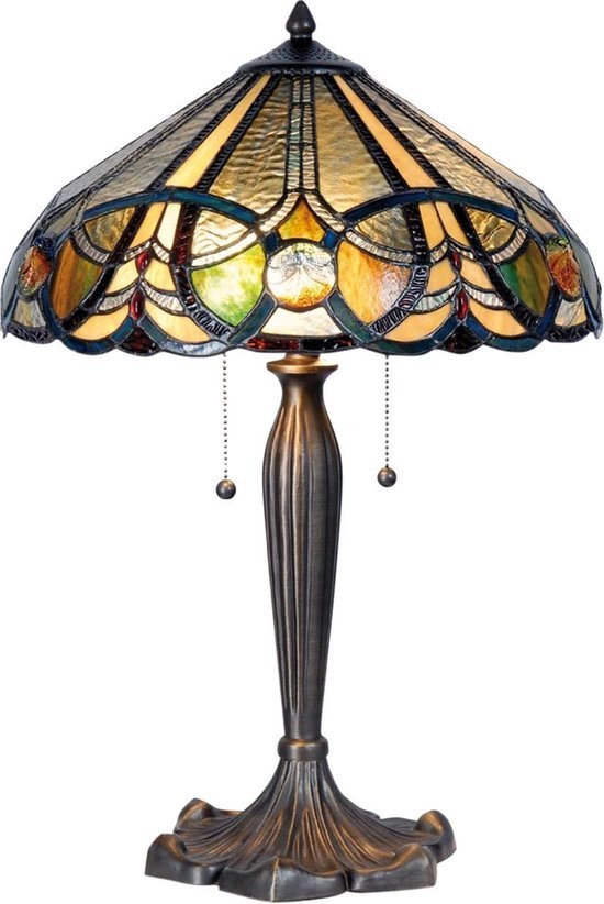 Tiffany Tafellamp Ø 41*61 cm E27/max 2*60W Beige, Groen Glas in lood Driehoek Art Deco Tiffany Bureaulamp Tiffany Lampen