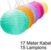 Amare LED Lichtslinger met 15 XXL lampionnen - Gekleurd - lengte lichtslinger 7M - totale lengte 17M