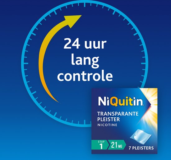 NiQuitin transparante pleister nicotine. 24 uur lang controle. Stap 1, 21 mg, 7 pleisters.