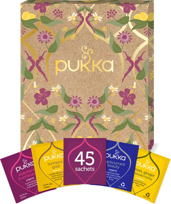 Pukka Support Kruidenthee Geschenkdoos - 5 blends biologische kruidenthee, ook leuk als verjaardagscadeau - 45 zakjes - Theedoos - GB-BIO-05 - Pukka