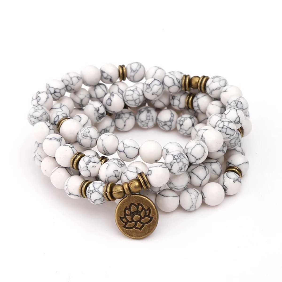 108 Kralen Witte Howliet Lotus Mala Armband / Ketting - Vrouwen / Mannen - 8mm Steen - boeddhisme - Boeddha - Yoga - Meditatie - Buddha - Kralenketting - Rozenkrans - Ohm - Natuurlijke edelsteen Wit