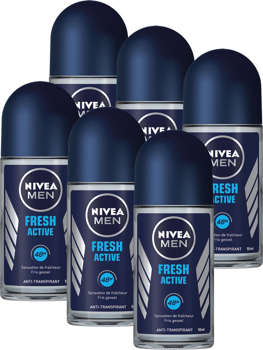 NIVEA MEN Fresh Active Deodorant Roller - Beschermt 48 uur - Infinifresh - Met zeewierextract - Alcoholvrij - 6 x 50 ml - NIVEA