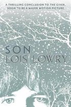 Boekomslag van "Son" van Lois Lowry met een close-up van ogen, sneeuw en takken. "A thrilling conclusion to the Giver, soon to be a major motion picture."