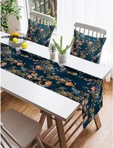 De Groen Home Set - Bedrukt textiel - Tafelloper en Kussenhoezen - Bloemen op donkerblauw