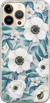 iPhone 13 Pro Max hoesje siliconen - Witte bloemen - Soft Case Telefoonhoesje - Bloemen - Transparant, Blauw