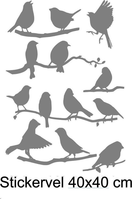 Raam / muur stickers vrolijke vogels op 3  takken Decoratie - Ramen - Overkapping  - Serre - Muren - Spiegels 40 cm x 40 cm bxh kleur grijs