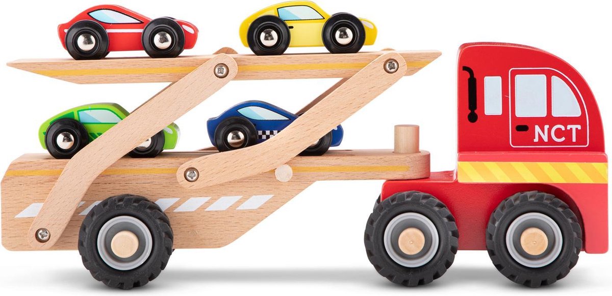 Woet® Houten Autotransporter - Vrachtwagen met Aanhanger en 4 Auto’s - Educatief Speelvoertuig - Rollenspel Speelgoed - Vanaf 18 Maanden — afbeelding 3