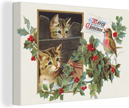 Canvas Schilderij Kerst - Katten - Vogel - 120x80 cm - Wanddecoratie