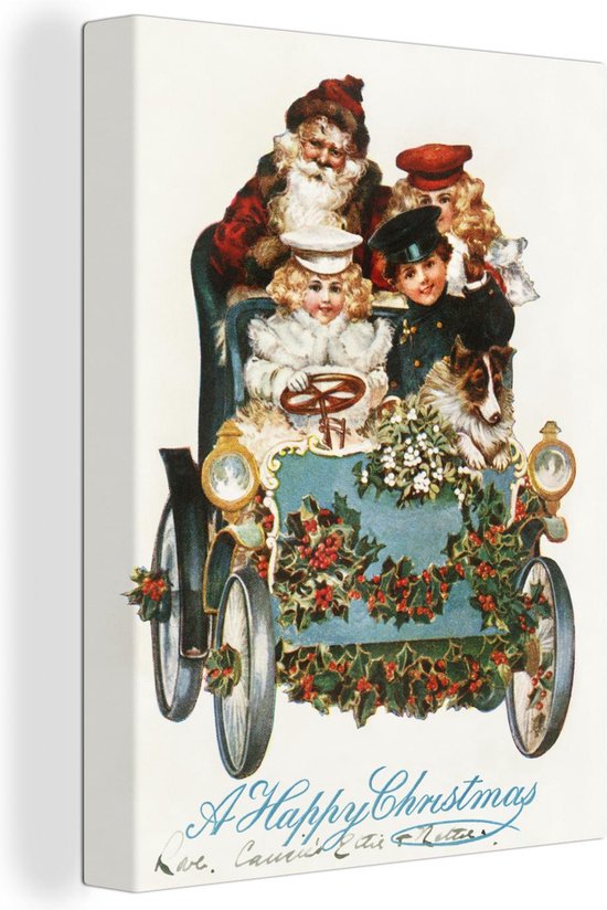 Canvas Schilderij Kerst - Kerstman - Vintage - 60x80 cm - Wanddecoratie