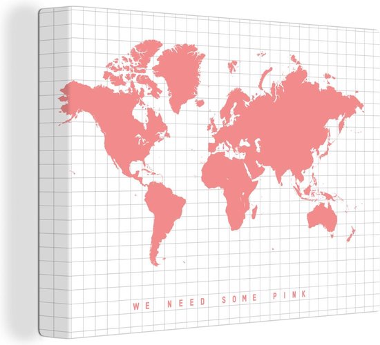 Canvas Wereldkaart - 40x30 - Wanddecoratie Wereldkaart - Vakken - Roze