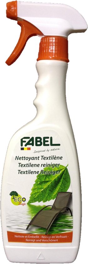 Fabel Textilene Reiniger met oranje dop, met afbeelding van een ligstoel en groen blad.