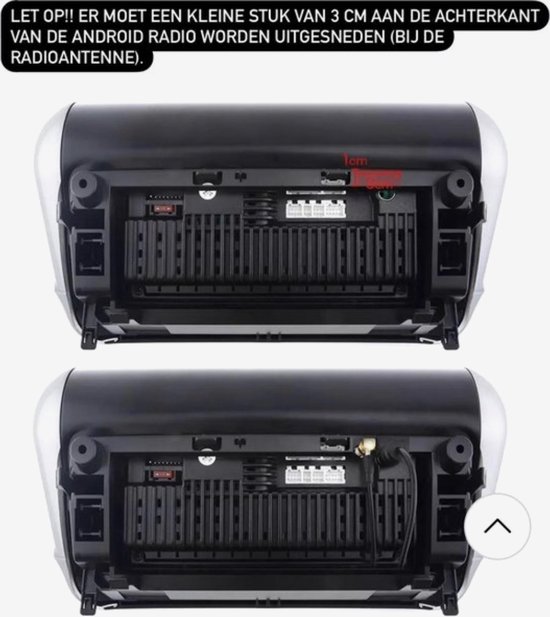 Achterkant van de Android autoradio met diverse aansluitingen en een meting van 3 cm.