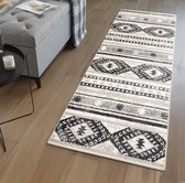 Tapiso Ethno Tapijtloper Beige Zwart Boho Slaapkamer Gang Woonkamer Franjes Maat- 100x300