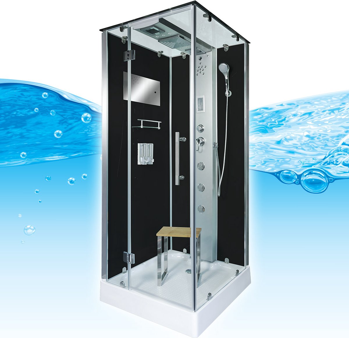Stoomcabine 90X90X215 Bastia. Luxe Stoomdouche, MENGKRAAN Uitvoering, Kit-Vrij, Zwart, Veiligheidsglas, LED, Radio, Speakers, Massage, Hoekmodel, Vierkant, Scharnierdeur, Douchebak, Afvoer, Sifon, A Kwaliteit, Full Options. Royal Sanitair