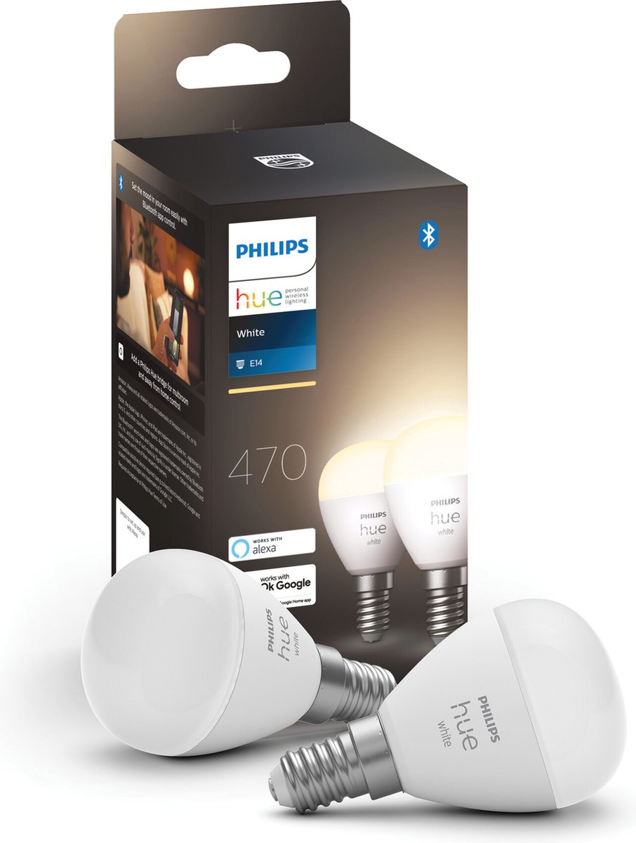 Philips Hue Kogellamp Lichtbron E14 Duopack - zachtwit licht - 5,7W -  Bluetooth - 2 Stuks | bol
