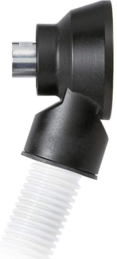 Zwarte stofafzuigadapter met flexibele witte slang, aangesloten op een metalen boor.