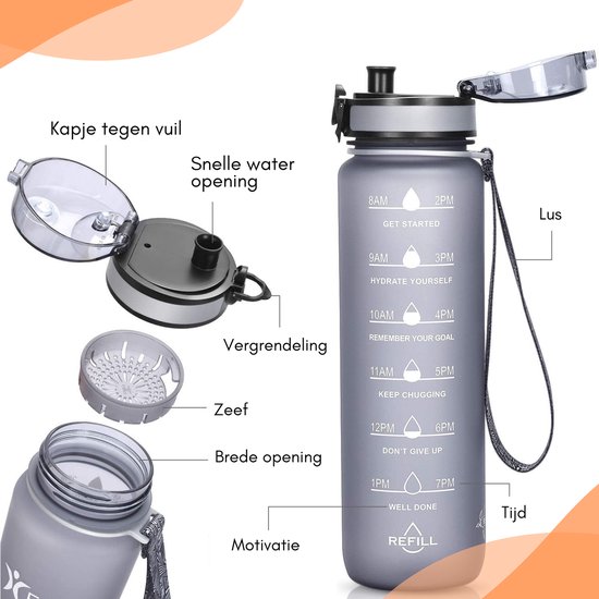 LaCardia Motivatie Waterfles grijs - 1 liter drinkfles - Waterfles met tijdmarkering - Grijs
