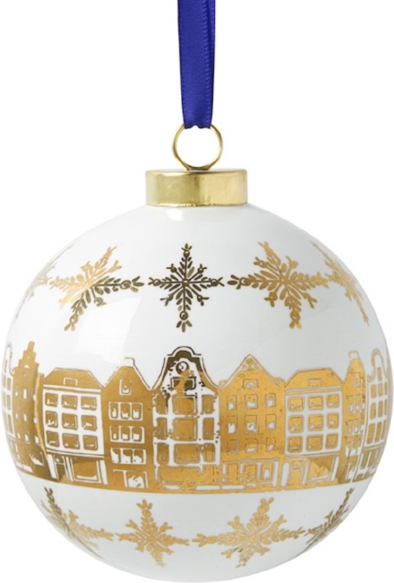 Heinen Delfts Blauw | Porseleinen kerstbal met gouden grachtenpandjes | Kersthanger | 8 cm | Holland | Amsterdam
