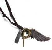 Herenketting – Mannenketting – Leer – Bruin – Engel vleugel - Kruis - Cadeau voor hem