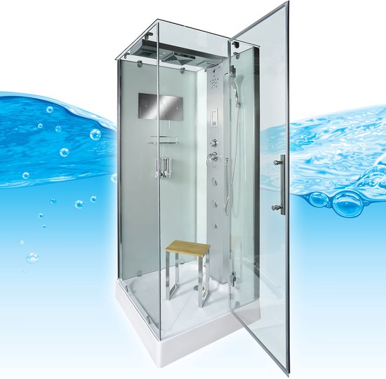 Stoomcabine 90X90X215 Monza. Luxe Stoomdouche, MENGKRAAN Uitvoering, Kit-Vrij, Wit, Veiligheidsglas, LED, Radio, Speakers, Massage, Hoekmodel, Vierkant, Scharnierdeur, Douchebak, Afvoer, Sifon, A Kwaliteit, Full Options. Royal Sanitair