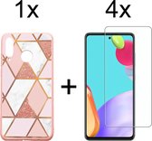 Samsung A52/A52S Hoesje - Samsung Galaxy A52/A52S Hoesje Marmer Roze Driehoek Print Siliconen Case - 4x Samsung A52/A52S Screenprotector