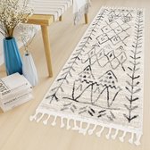 Tapiso Ethno Tapijtloper Beige Zwart Boho Woonkamer Slaapkamer Gang Franjes Maat- 120x150