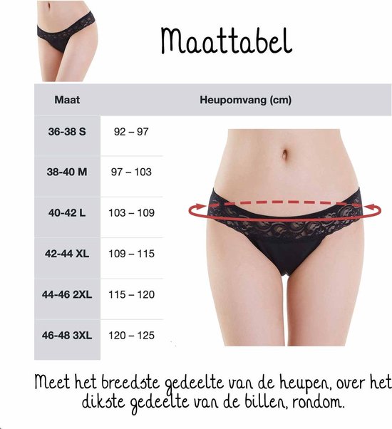 Tableau des tailles pour sous-vêtements avec tour de hanches en cm. Montre une femme mesurant ses hanches pour un string noir à ceinture en dentelle.