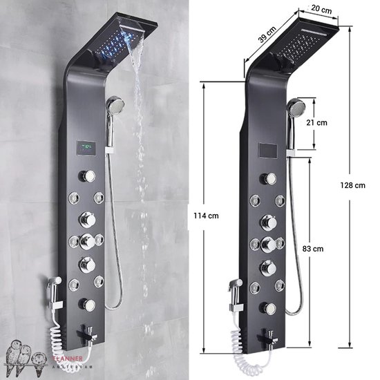 Douchekolom met thermostatische mengkraan, douchesysteem met handdouche, 5 keuzemodus, douchepaneel, roestvrij staal, 15 x 47 x 130 cm, geborsteld roestvrij staal