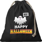 Halloween - 1x Spook / happy halloween canvas snoep tasje/ snoepzakje zwart met koord 25 x 30 cm - snoeptasje halloween